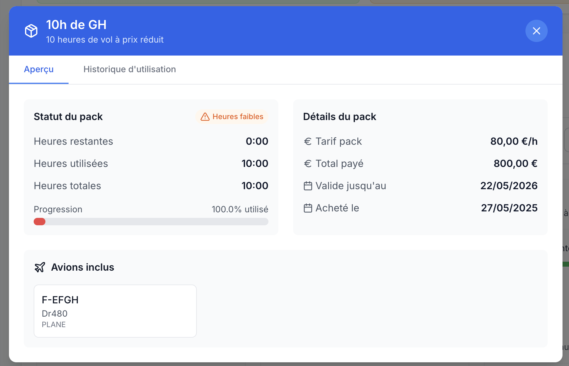 Gestion des packs d'heures de vol à tarif préférentiel, valables sur les aéronefs de votre choix