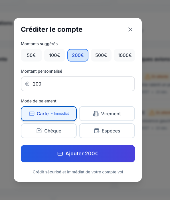 Créditez votre compte par virement, chèque, espèce, ou CB sans besoin de contrat de vente à distance